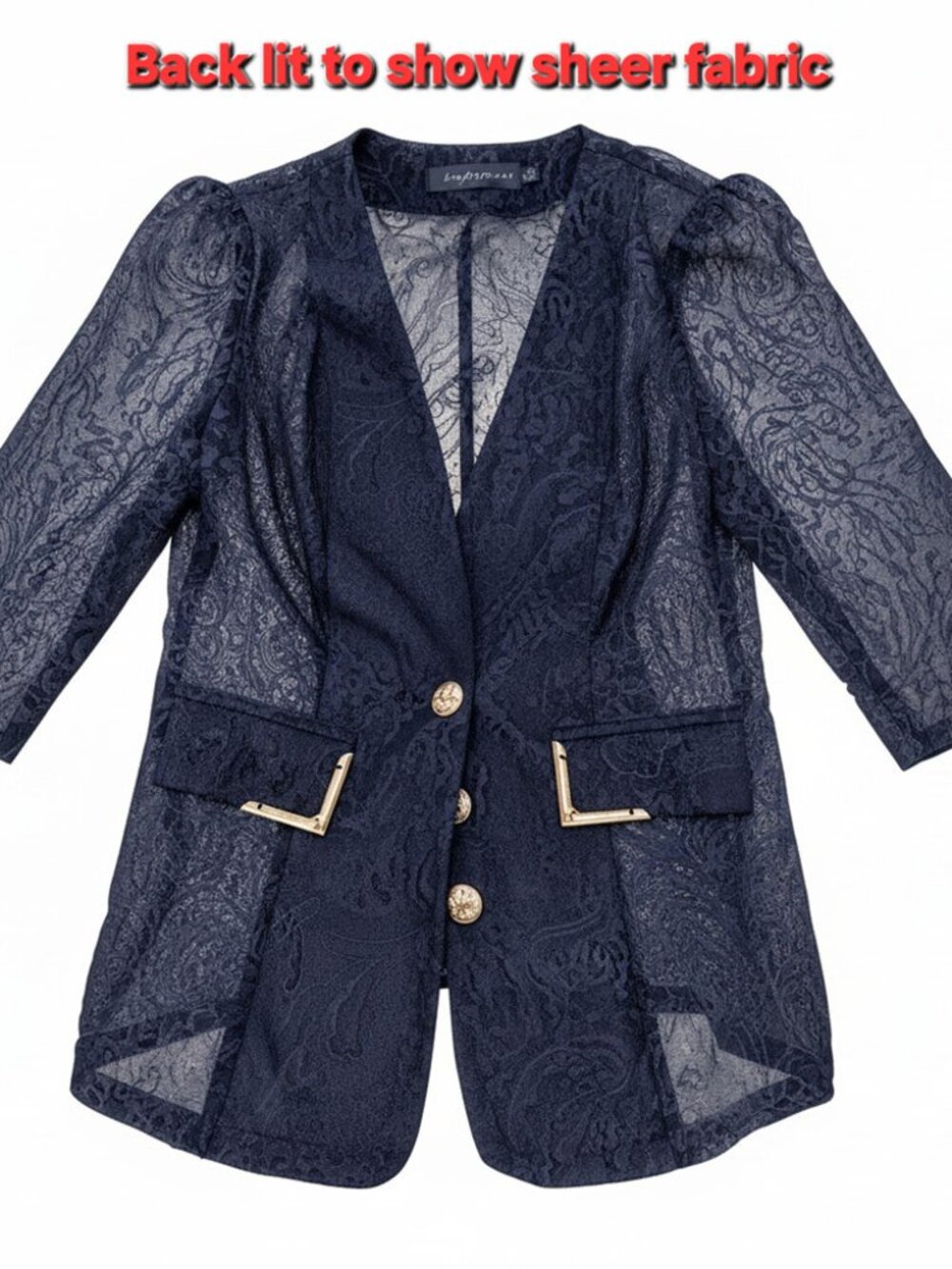 Lightweight Sheer Blazer Black Scroll Texture Gold Button Accent